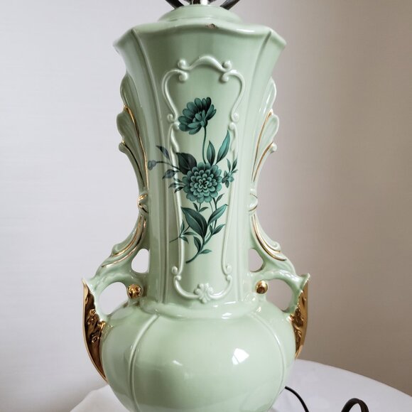 24K Gold Ceramic Chartreuse Green Lamp Victorian Floral Art Deco MCM - Picture 5 of 14